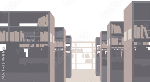 Library aisles with bookshelves and books, minimal, modern design