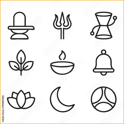 Bold outline vector icon set for Maha Shivaratri festival and Hindu puja essentials.
