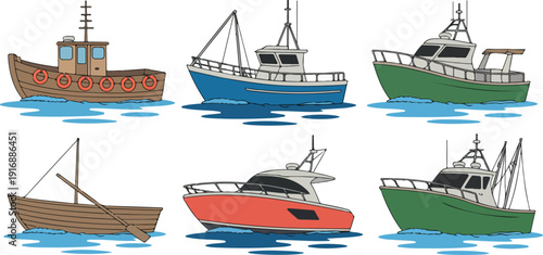 Cartoon Fishing Boats Outline Icon Set Small Marine Vessels Collection
