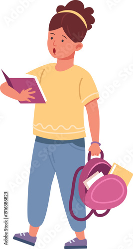 Schoolgirl read book. Little girl character study