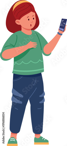 Girl look on smartphone screen. Kid device addiction