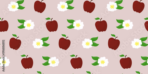 Red apple and apple blossom seamless pattern, vector floral fruit background
