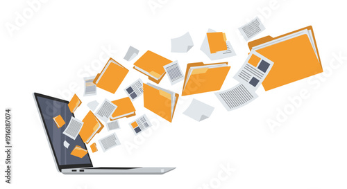 Laptop screen sending a stream of orange folders and loose documents, symbolizing digital data transfer.