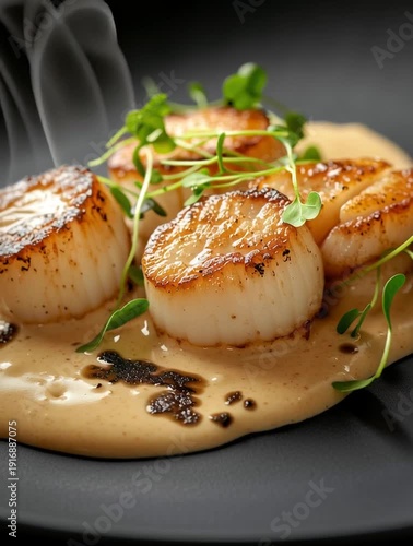 Seared scallops with creamy sauce and microgreens: a gourmet delight