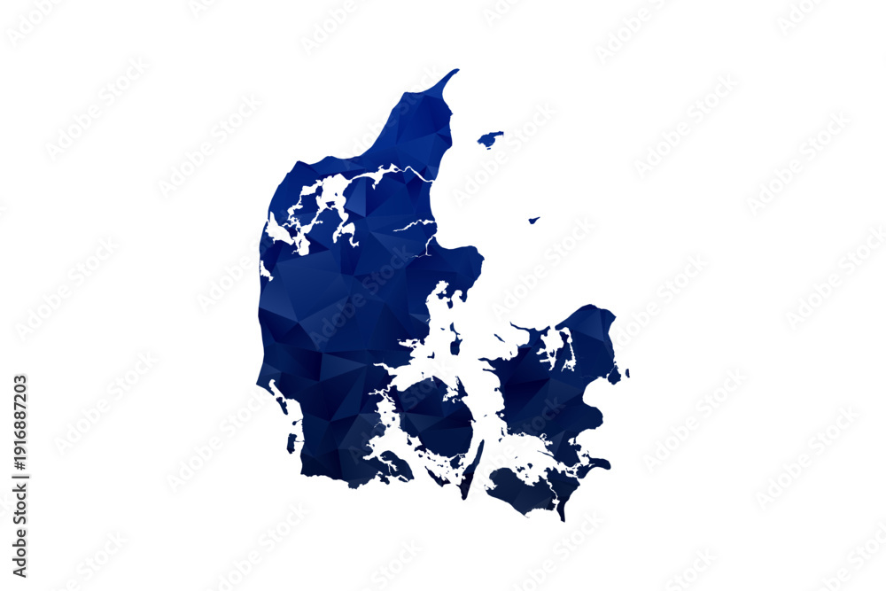 Naklejka premium Denmark Map - Polygon Style Vector Illustration in Dark Blue Gradient, Low Poly Geometric Design, Isolated on White Background for Infographics and Education.