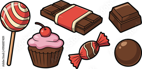 Chocolate Dessert Outline Icon Set Candy, Cupcake, and Sweet Treats