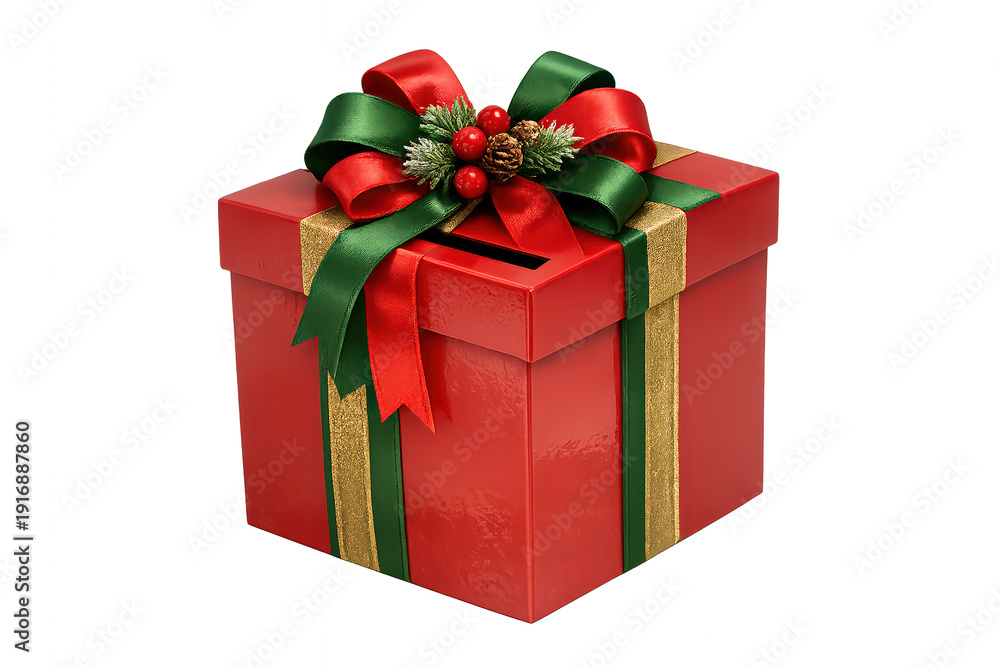 Fototapeta premium Christmas donation box receiving holiday contributions, decorated with festive ribbons and winter elements