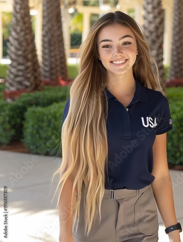 Smiling teenager girl wearing usa team polo shirt outdoors