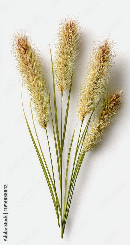 Fototapeta premium Five fuzzy, golden-brown seed heads with thin green stems on white