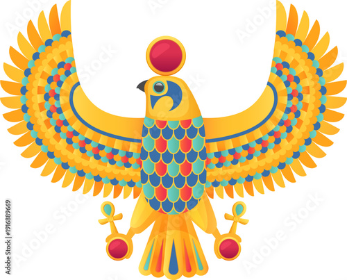 Horus in falcon form. Egyptian god golden wings emblem
