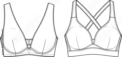 Bra technical sketch, lingerie blueprint, underwear fashion drawing, garment construction, sewing 