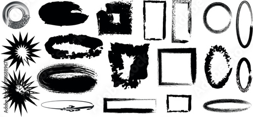 A collection of 18 abstract black shapes on a white background with various textures and forms