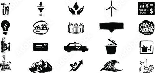 Eco Sustainability Icon Set with Renewable Energy Recycling and Green Transportation Symbols