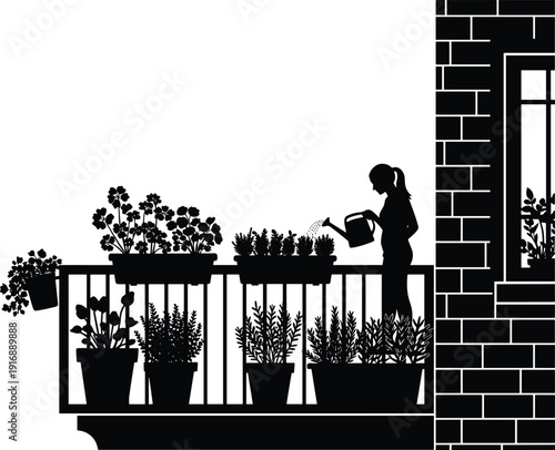Silhouette of woman watering plants on balcony with brick wall and railing