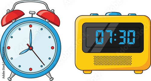 Analog and digital alarm clocks side by side analog clock digital clock blue clock