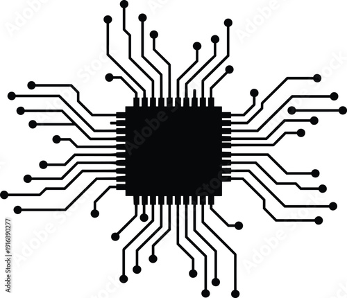 Microchip processor with circuit board connections, digital technology hardware concept, electronic CPU vector illustration isolated symbol design