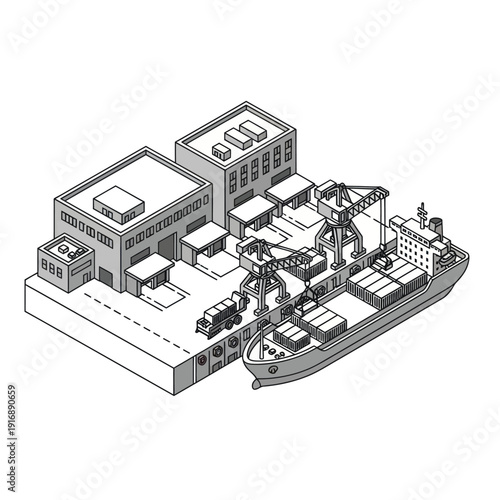 Industrial Facility with Cargo Ship and Cranes.