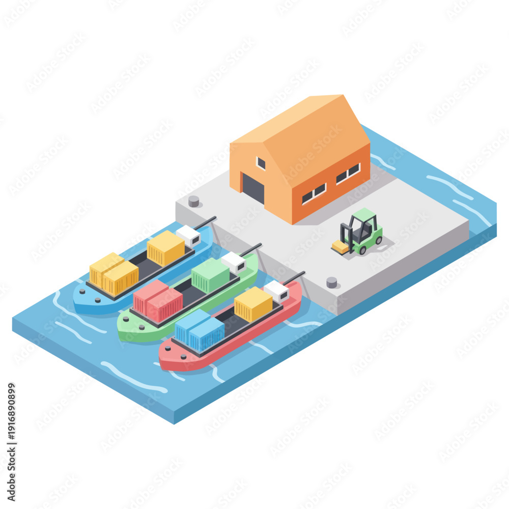 Obraz premium Isometric Illustration of Cargo Ship and Warehouse.