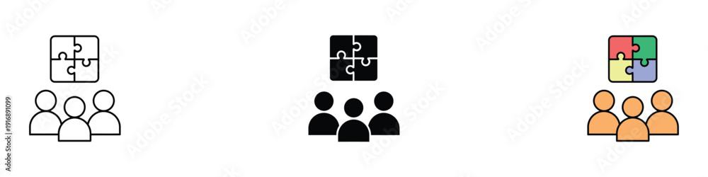 Fototapeta premium Teamwork icon vector set. Collaboration symbol with jigsaw pieces for business cooperation, team building, and strategic partnership. Vector Illustration.