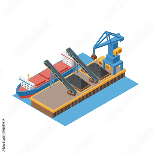 Isometric View of Cargo Ship with Cranes.