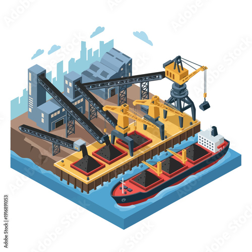 Industrial Cargo Ship Docked at Harbour.