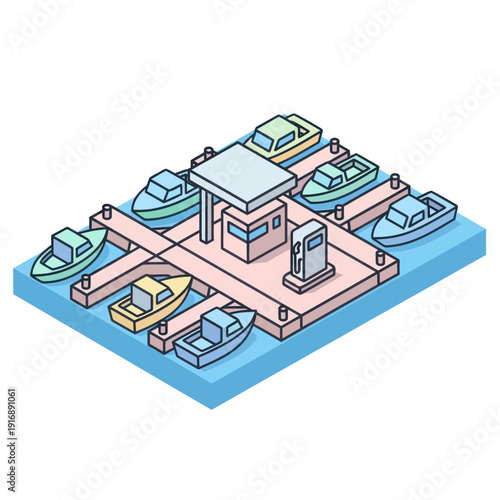 Isometric Dock with Boats and Building.