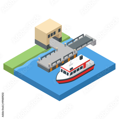 Isometric Illustration of Ferry Boat at Dock.