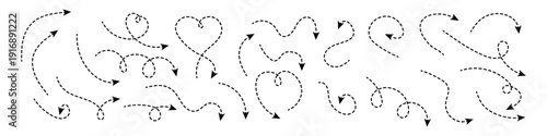 Hand drawn dotted curved arrow icon vector set. Black dashed direction pointer with heart shapes and decorative swirls for creative navigation. Vector Illustration.