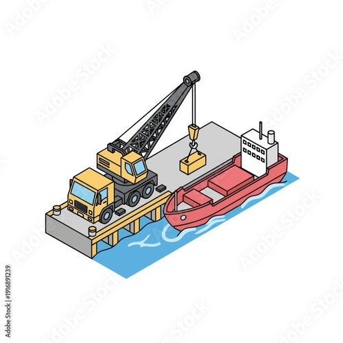 Crane Truck on Floating Dock with Barge.