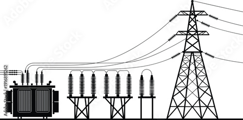 Electric power substation vector illustration, high voltage transformer, circuit breaker, transmission tower, energy grid, black silhouette, industrial infrastructure