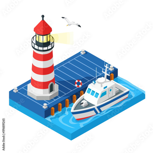 Isometric Lighthouse and Ship on Dock Illustration.