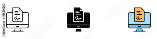 Online digital signature and electronic document icon vector set. Computer monitor with signed paper symbol for remote contract, legal e-signing, and paperless office. Vector Illustration.