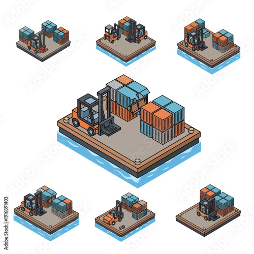 Isometric 3D Shipping Containers and Cranes.