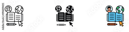 Online global learning and digital education icon vector set. Open book with world globe and cursor symbol for e-learning, distance study, and international knowledge. Vector Illustration.