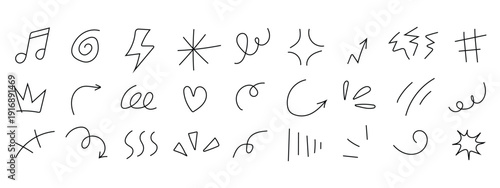 Hand drawn decorative doodle and line art icon set. Collection of black sketches including musical notes, arrows, hearts, lightning, and sparkles for creative journaling. Vector Illustration.