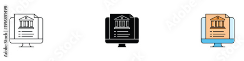 Online banking and government portal icon vector set. Computer screen with financial document and university or bank building symbol. Vector Illustration.