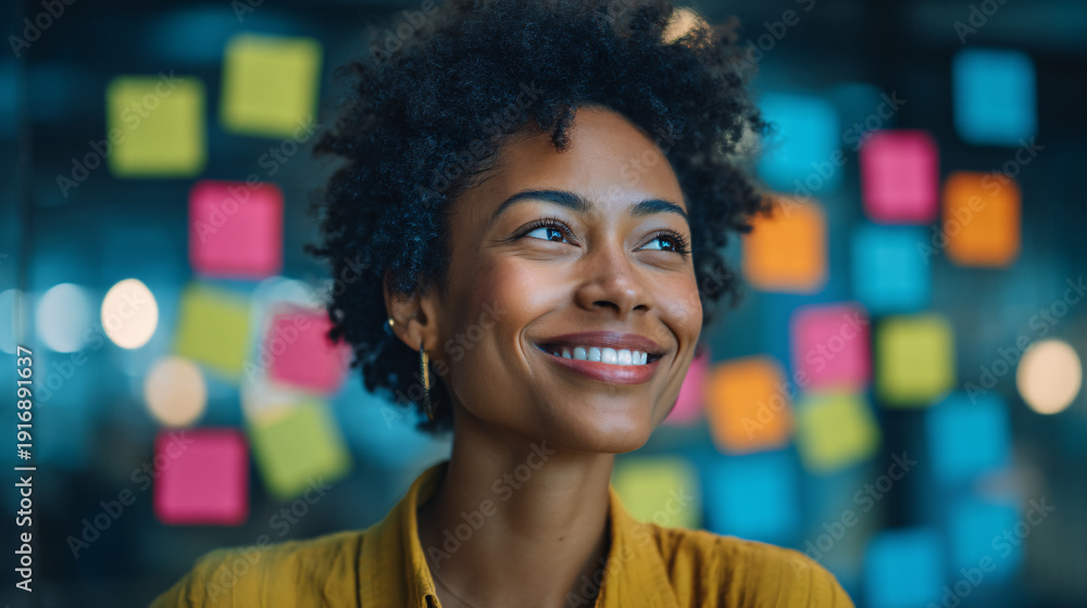 Obraz premium A smiling woman with curly hair in front of colorful sticky notes.
