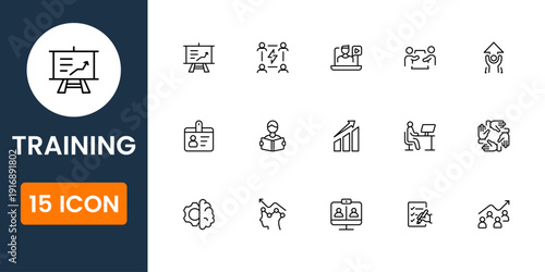training icons collection, education coaching online learning symbols, professional development workshop course vector UI icon pack for business
