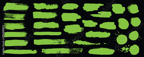 Eco brush strokes elements set design. Collection with green hand drawn paints with grunge texture, bold rough smears with splash, splatter drawings for highlight frame templates. Vector illustration.