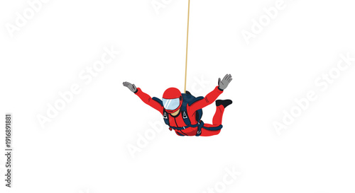 A person in a red jumpsuit with a helmet and harness is suspended by a rope in mid-air on a white background.