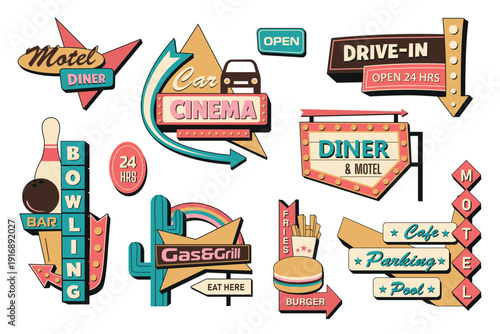Retro signs elements set design. Collection with colourful 50s, 70s signboards for motels with dinner, car cinema, open, drive and hotel, bowling, bar, grill, cafe and others. Vector illustration.