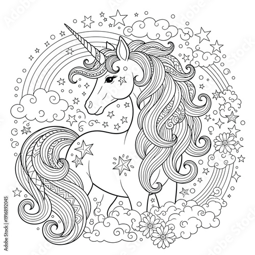 Unicorn coloring page, fantasy creature with rainbow, clouds, stars, and decorative flowers