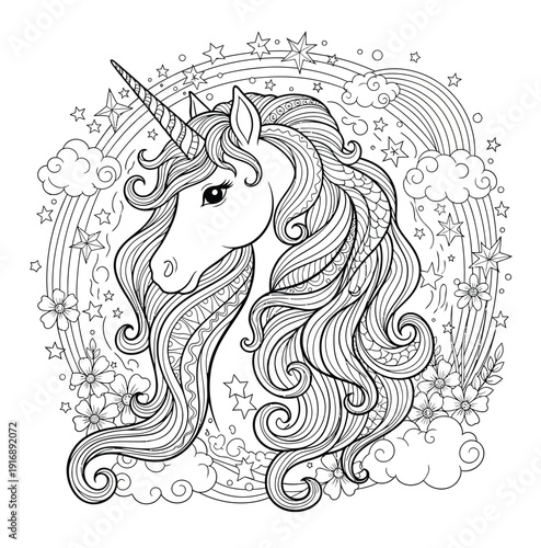 Unicorn head coloring page, magical creature with stars, rainbow, clouds, and flowers