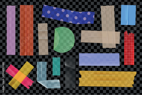 Tape stickers elements set design. Collection with colourful sticky scotch tapes with torn edges, transparent glued stripes and ribbons for scrapbook decoration and overlays. Vector illustration.