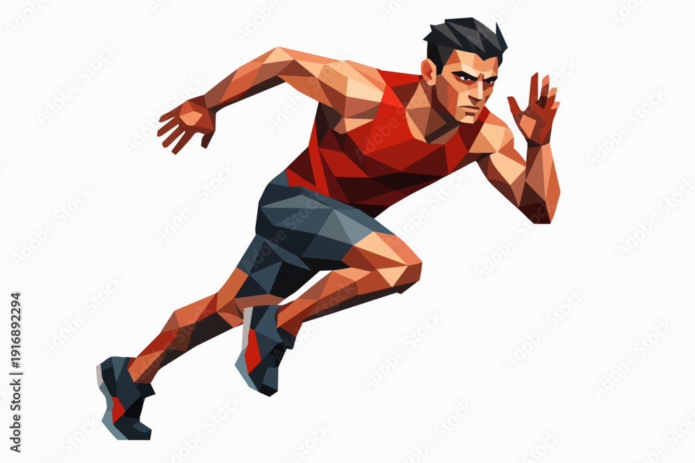 Fototapeta premium Sprinter running fast with determination, low poly polygonal athlete concept