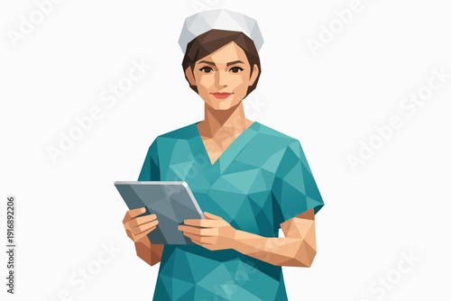 Female nurse holding a tablet, providing healthcare and digital medical services