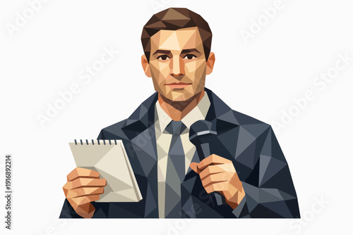 Journalist holding microphone and notebook, reporting news in low poly art style