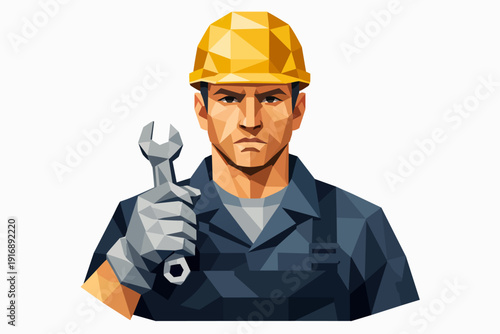 Handyman in hard hat holding wrench, symbolizing maintenance and skilled labor