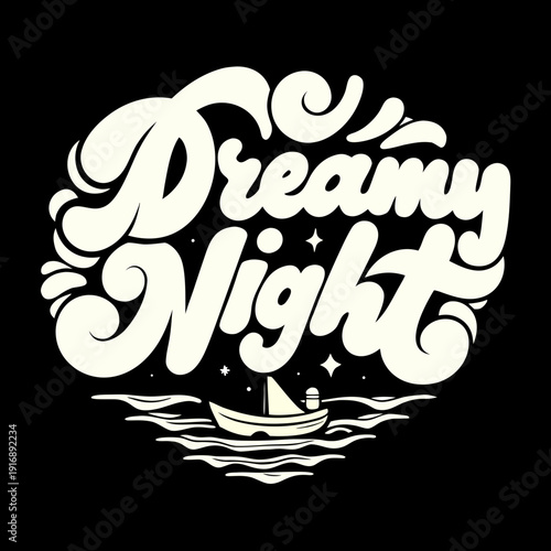 A dreamy night with a boat on a black background waves stars