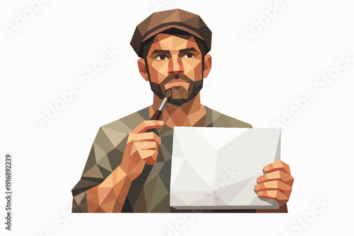 Artist thinking for new ideas, holding a brush and blank canvas